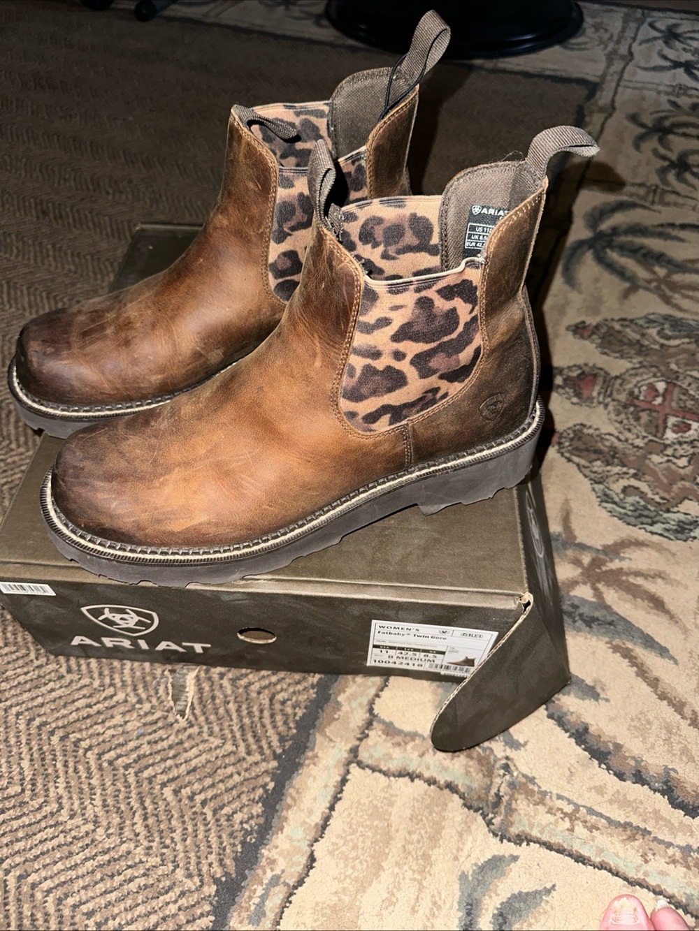 Ariat Brown Leather Ankle Boots with Leopard-Print Elastic
